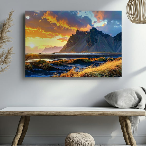 Golden Hour Mountain Sunset Canvas – Vibrant Landscape with Windswept Grasses - Gifitto