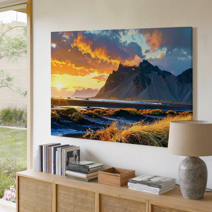Golden Hour Mountain Sunset Canvas – Vibrant Landscape with Windswept Grasses - Gifitto