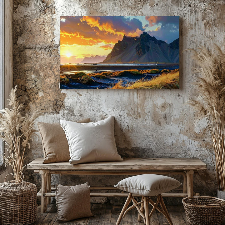 Golden Hour Mountain Sunset Canvas – Vibrant Landscape with Windswept Grasses - Gifitto