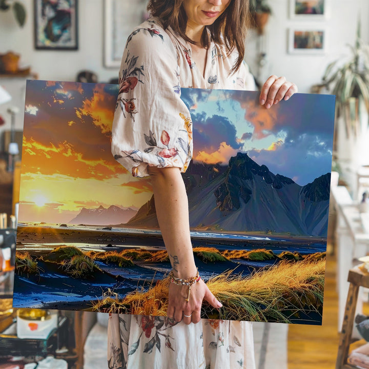 Golden Hour Mountain Sunset Canvas – Vibrant Landscape with Windswept Grasses - Gifitto