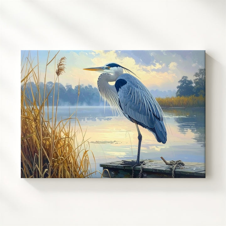 Blue Heron Morning Canvas – Serene Lake & Misty Reeds Wall Art - Gifitto
