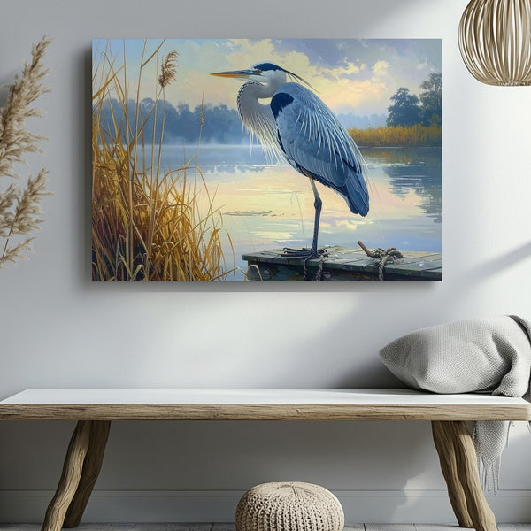 Blue Heron Morning Canvas – Serene Lake & Misty Reeds Wall Art - Gifitto