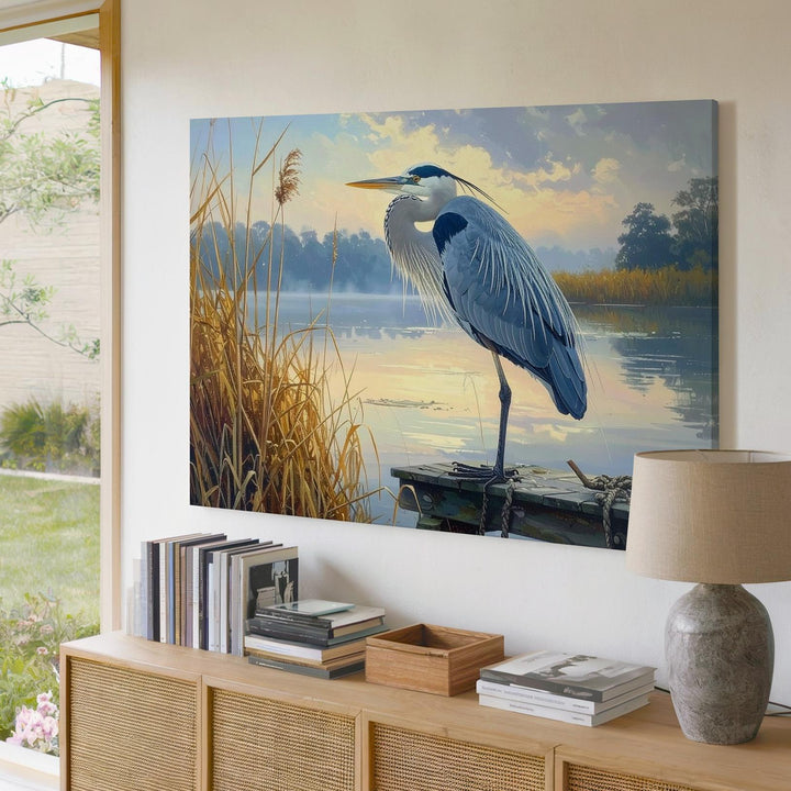 Blue Heron Morning Canvas – Serene Lake & Misty Reeds Wall Art - Gifitto