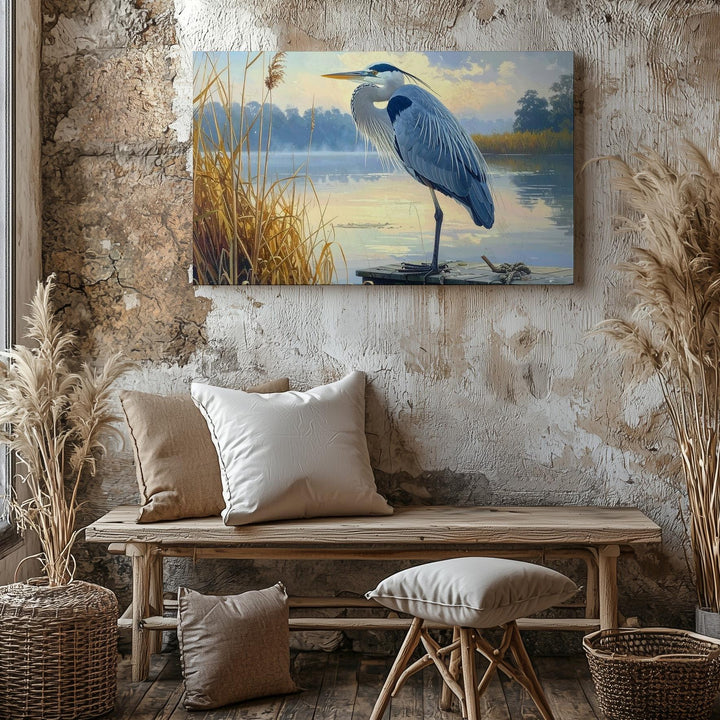 Blue Heron Morning Canvas – Serene Lake & Misty Reeds Wall Art - Gifitto