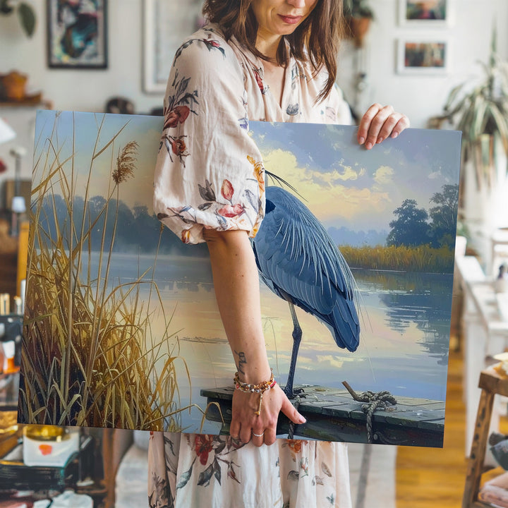 Blue Heron Morning Canvas – Serene Lake & Misty Reeds Wall Art - Gifitto