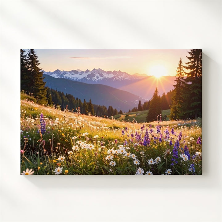 Golden Sunset Alpine Meadow Canvas – Vibrant Wildflowers & Snow-Capped Peaks - Gifitto
