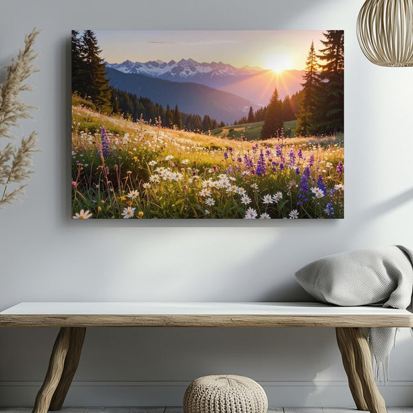 Golden Sunset Alpine Meadow Canvas – Vibrant Wildflowers & Snow-Capped Peaks - Gifitto