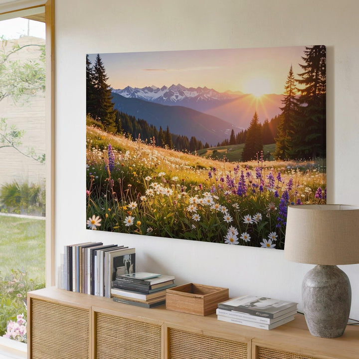 Golden Sunset Alpine Meadow Canvas – Vibrant Wildflowers & Snow-Capped Peaks - Gifitto