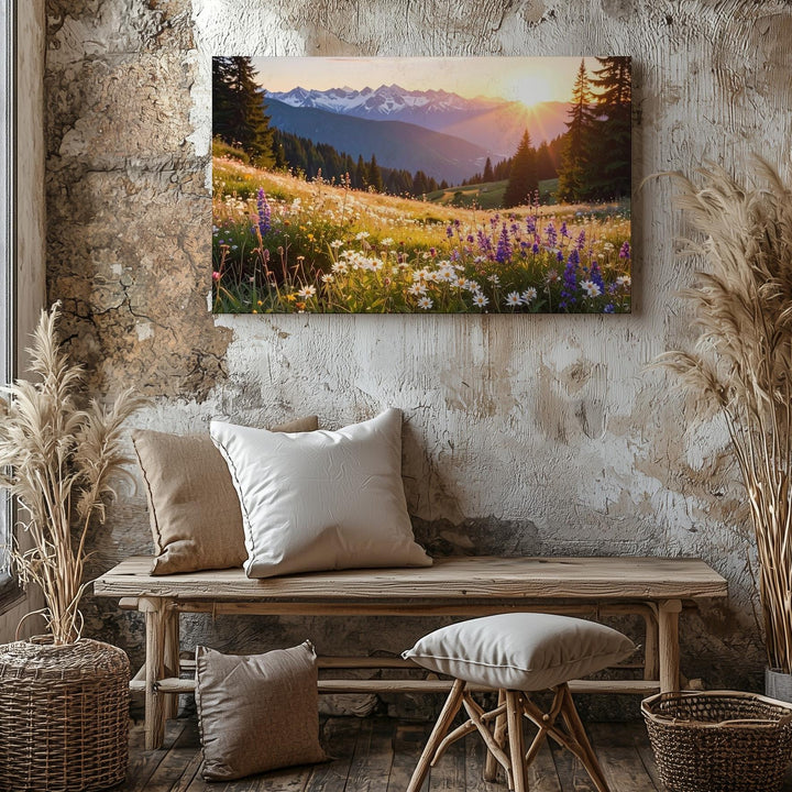 Golden Sunset Alpine Meadow Canvas – Vibrant Wildflowers & Snow-Capped Peaks - Gifitto