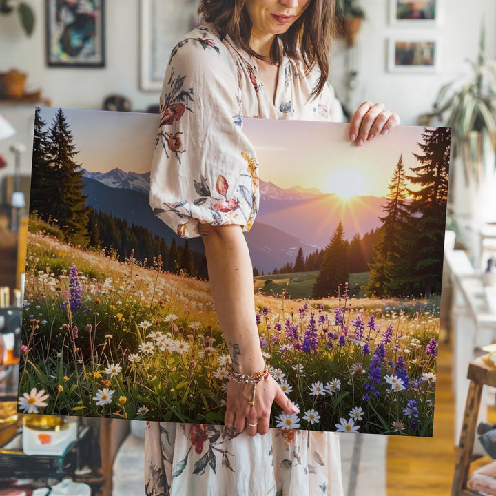 Golden Sunset Alpine Meadow Canvas – Vibrant Wildflowers & Snow-Capped Peaks - Gifitto