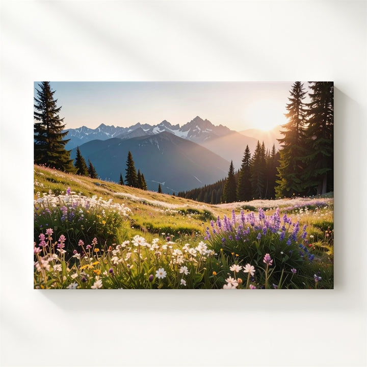 Pastel Wildflower Mountain Meadow Canvas – Serene Highland Landscape at Dawn - Gifitto
