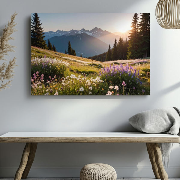Pastel Wildflower Mountain Meadow Canvas – Serene Highland Landscape at Dawn - Gifitto