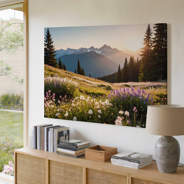 Pastel Wildflower Mountain Meadow Canvas – Serene Highland Landscape at Dawn - Gifitto