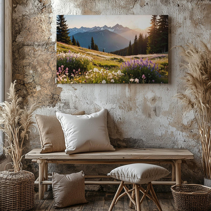Pastel Wildflower Mountain Meadow Canvas – Serene Highland Landscape at Dawn - Gifitto
