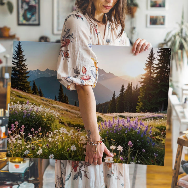 Pastel Wildflower Mountain Meadow Canvas – Serene Highland Landscape at Dawn - Gifitto