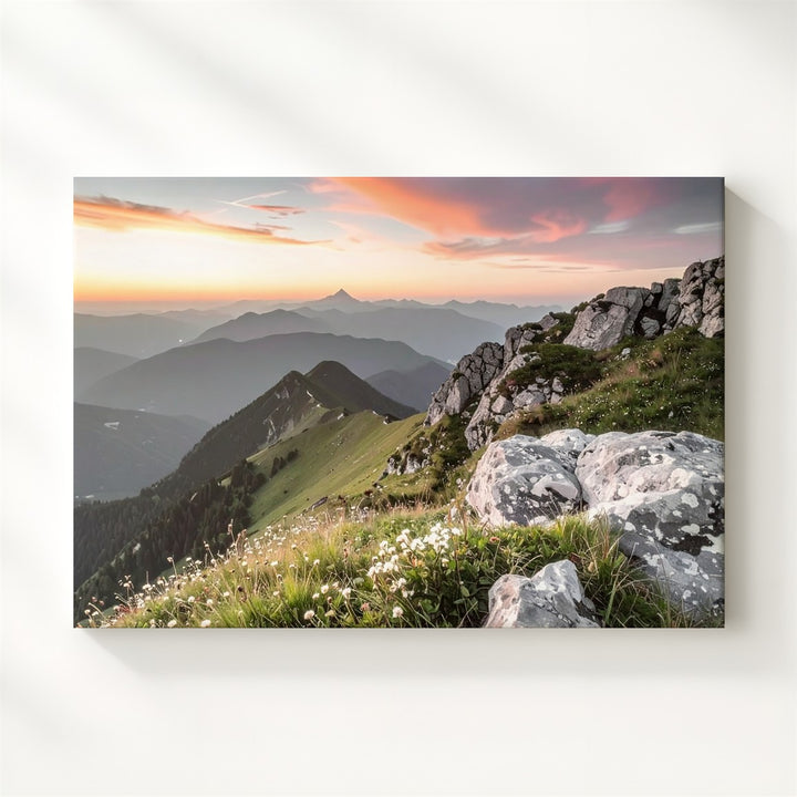 Vivid Sunset Mountain Peak Canvas – Dramatic Twilight Landscape with Alpine Flora - Gifitto
