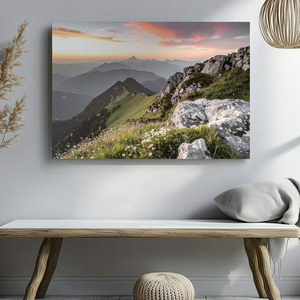 Vivid Sunset Mountain Peak Canvas – Dramatic Twilight Landscape with Alpine Flora - Gifitto