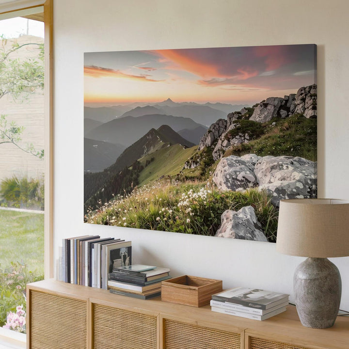 Vivid Sunset Mountain Peak Canvas – Dramatic Twilight Landscape with Alpine Flora - Gifitto