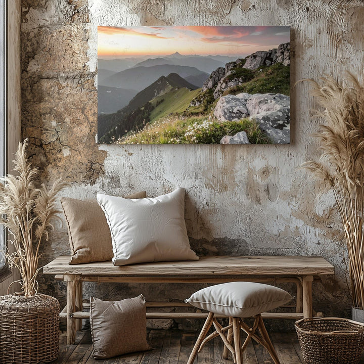 Vivid Sunset Mountain Peak Canvas – Dramatic Twilight Landscape with Alpine Flora - Gifitto