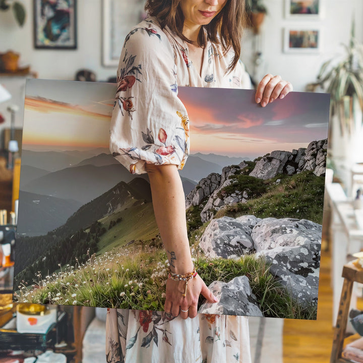 Vivid Sunset Mountain Peak Canvas – Dramatic Twilight Landscape with Alpine Flora - Gifitto