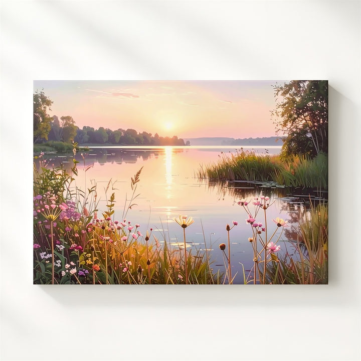 Sunrise Lakeside Canvas – Serene Morning Reflection with Wildflowers & Calm Waters - Gifitto