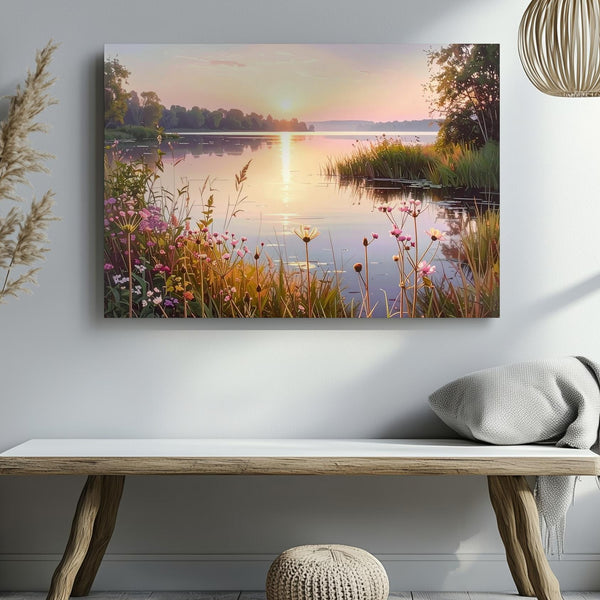Sunrise Lakeside Canvas – Serene Morning Reflection with Wildflowers & Calm Waters - Gifitto