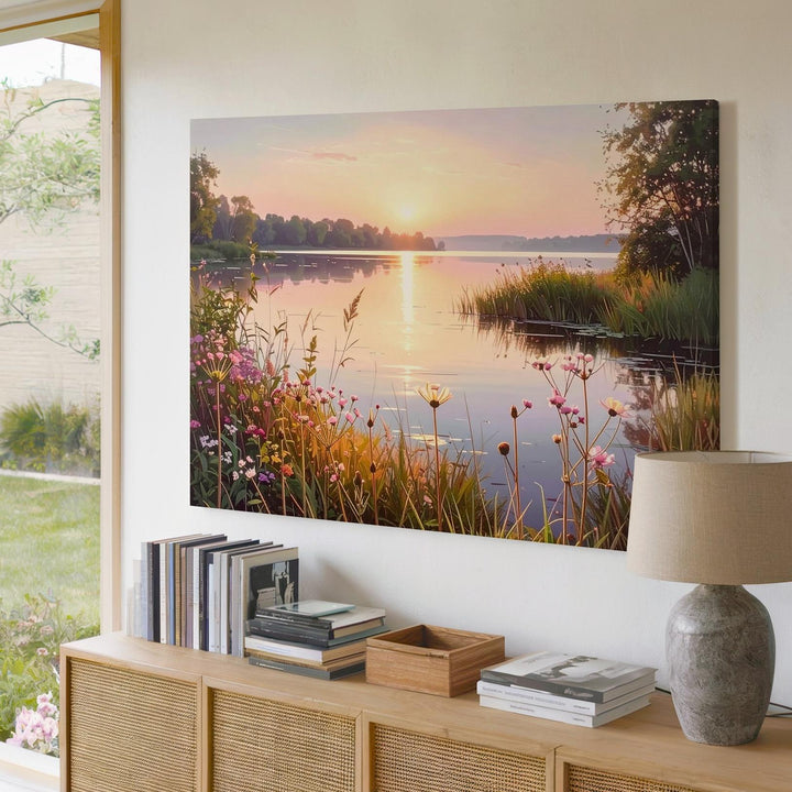 Sunrise Lakeside Canvas – Serene Morning Reflection with Wildflowers & Calm Waters - Gifitto