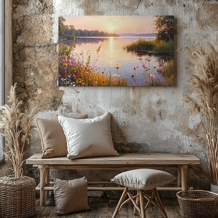 Sunrise Lakeside Canvas – Serene Morning Reflection with Wildflowers & Calm Waters - Gifitto