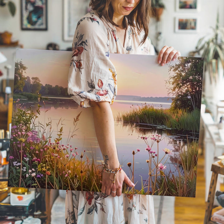 Sunrise Lakeside Canvas – Serene Morning Reflection with Wildflowers & Calm Waters - Gifitto