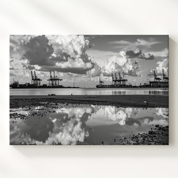 Industrial Reflection Canvas – Black & White Shipyard Skyline Wall Art