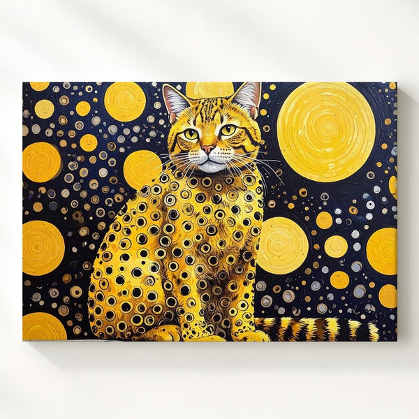 Yellow Pop-Art Cat Canvas – Psychedelic Feline with Polka Dot Pattern - Gifitto