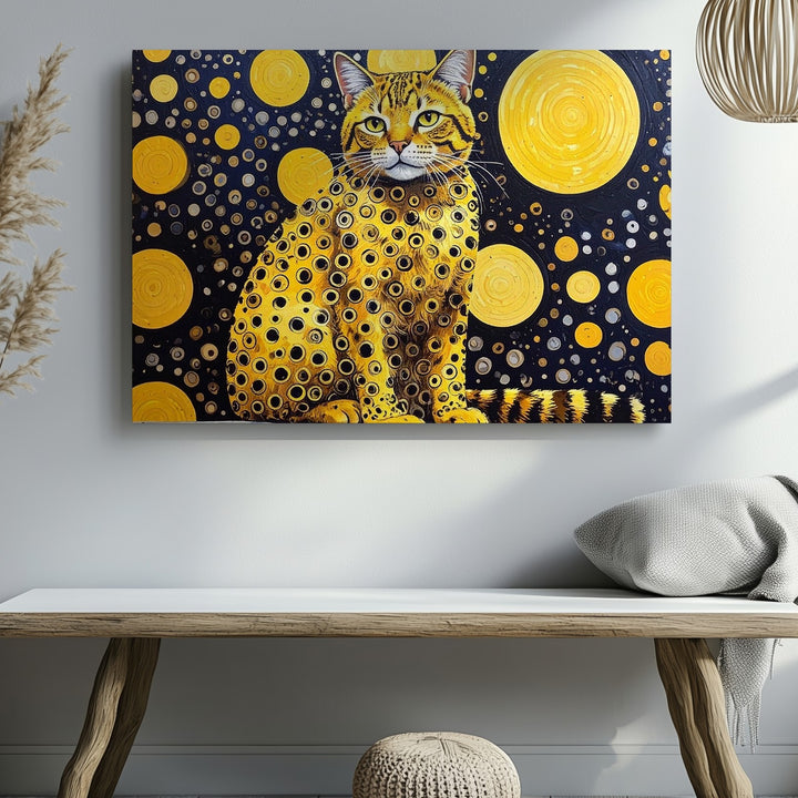 Yellow Pop-Art Cat Canvas – Psychedelic Feline with Polka Dot Pattern - Gifitto