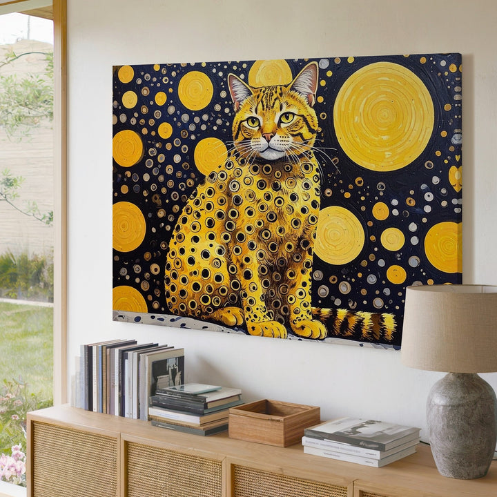 Yellow Pop-Art Cat Canvas – Psychedelic Feline with Polka Dot Pattern - Gifitto
