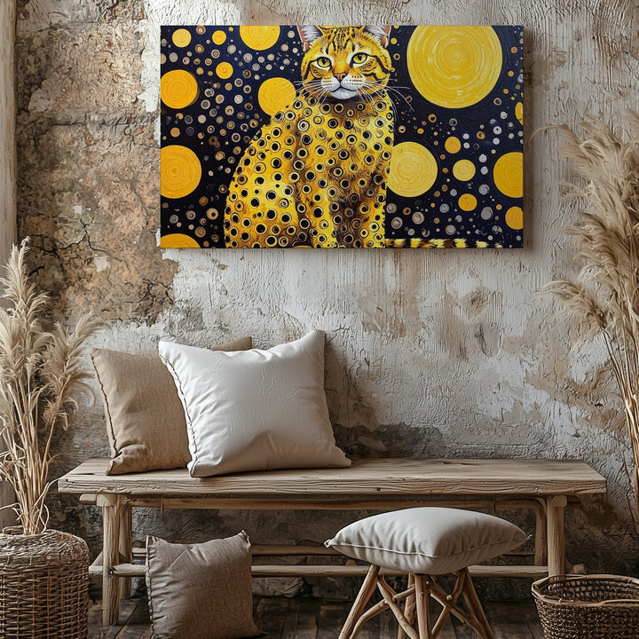 Yellow Pop-Art Cat Canvas – Psychedelic Feline with Polka Dot Pattern - Gifitto