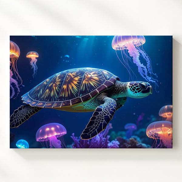 Turtle & Jellyfish Glow Canvas – Magical Bioluminescent Ocean Art