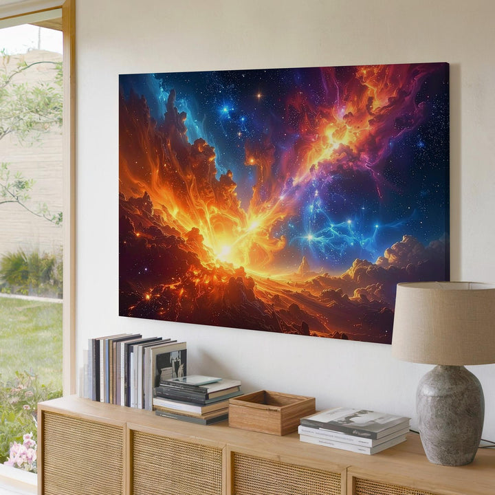 Fire & Ice Nebula Canvas – Dynamic Cosmic Clash in Orange and Blue - Gifitto