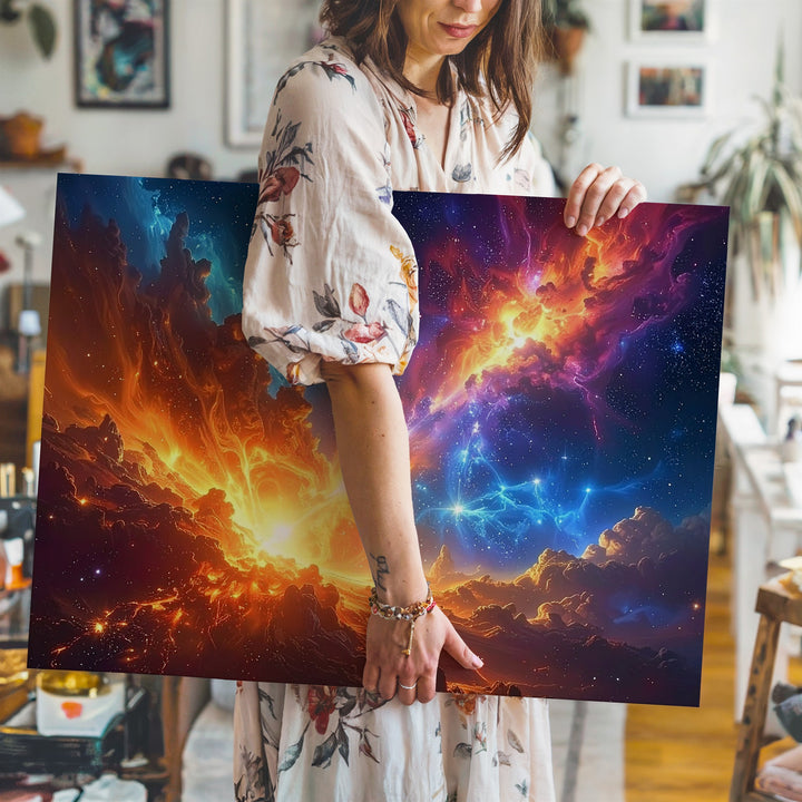 Fire & Ice Nebula Canvas – Dynamic Cosmic Clash in Orange and Blue - Gifitto