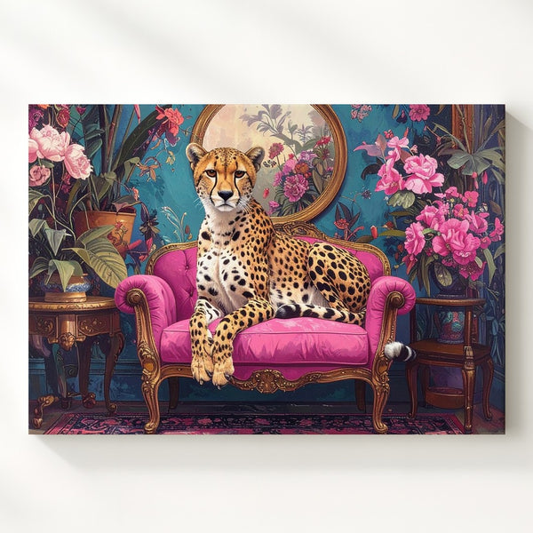 Eclectic Cheetah Lounge Canvas – Maximalist Interior Animal Art - Gifitto