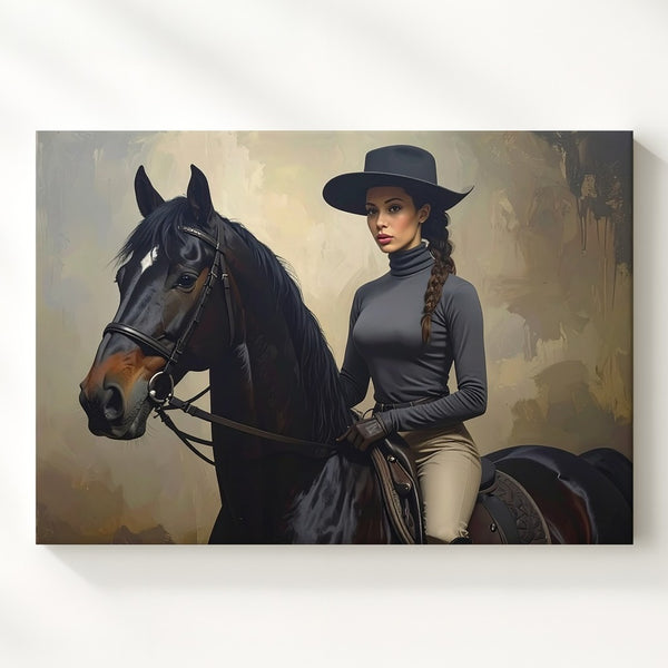 Equestrian Elegance Canvas – Woman Rider on Black Horse Portrait - Gifitto