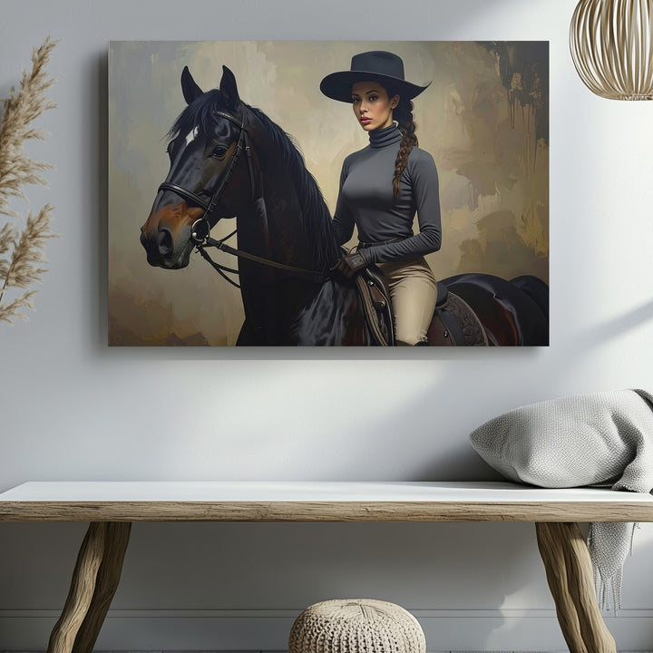 Equestrian Elegance Canvas – Woman Rider on Black Horse Portrait - Gifitto