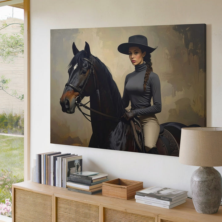 Equestrian Elegance Canvas – Woman Rider on Black Horse Portrait - Gifitto