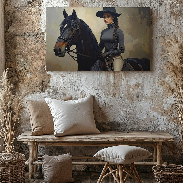 Equestrian Elegance Canvas – Woman Rider on Black Horse Portrait - Gifitto