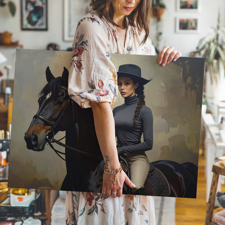 Equestrian Elegance Canvas – Woman Rider on Black Horse Portrait - Gifitto