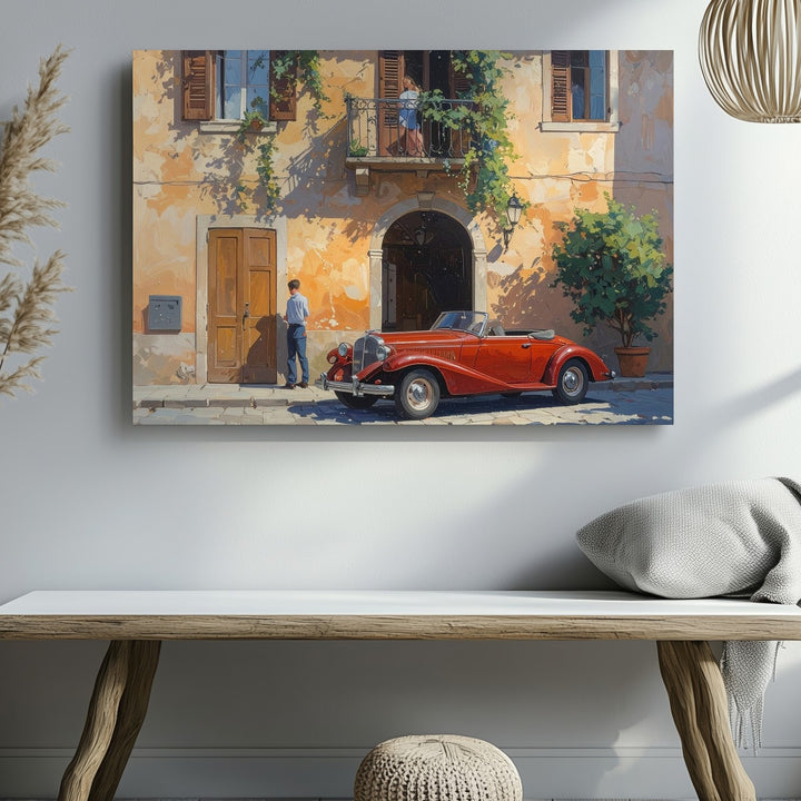 Italian Romance Canvas – Red Convertible & Balcony Moment Wall Art - Gifitto