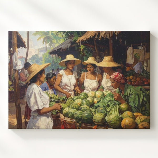 Tropical Market Scene Canvas – Oil Painting of Women, Fruits & Community Life - Gifitto