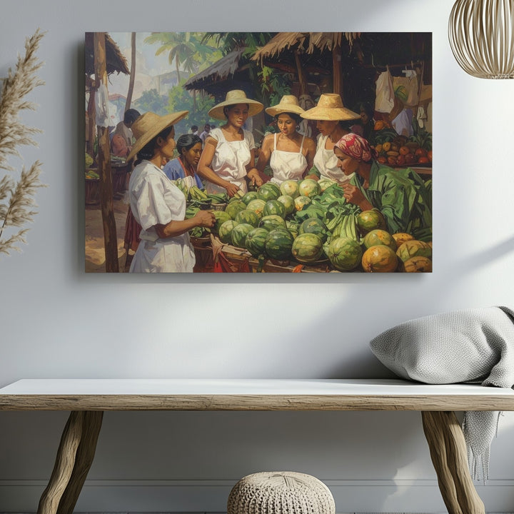Tropical Market Scene Canvas – Oil Painting of Women, Fruits & Community Life - Gifitto