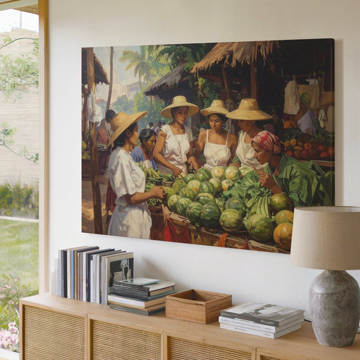 Tropical Market Scene Canvas – Oil Painting of Women, Fruits & Community Life - Gifitto