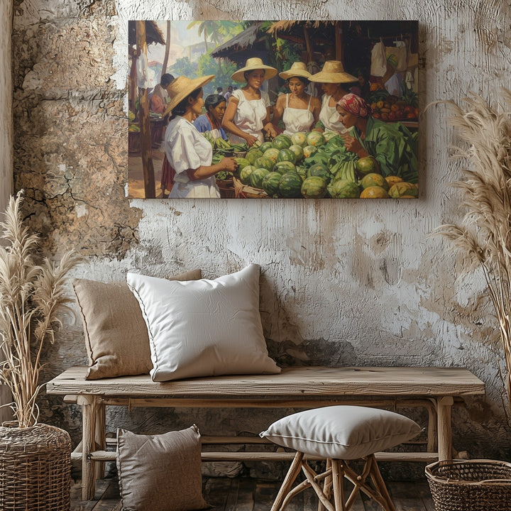 Tropical Market Scene Canvas – Oil Painting of Women, Fruits & Community Life - Gifitto