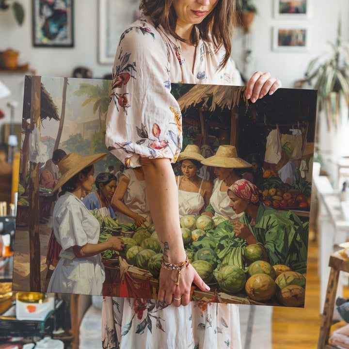 Tropical Market Scene Canvas – Oil Painting of Women, Fruits & Community Life - Gifitto