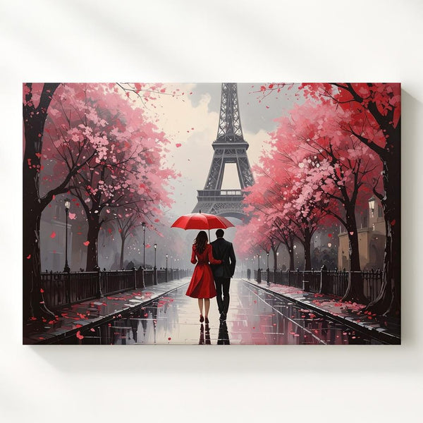 Parisian Love Canvas – Romantic Couple Under Red Umbrella in the Rain - Gifitto
